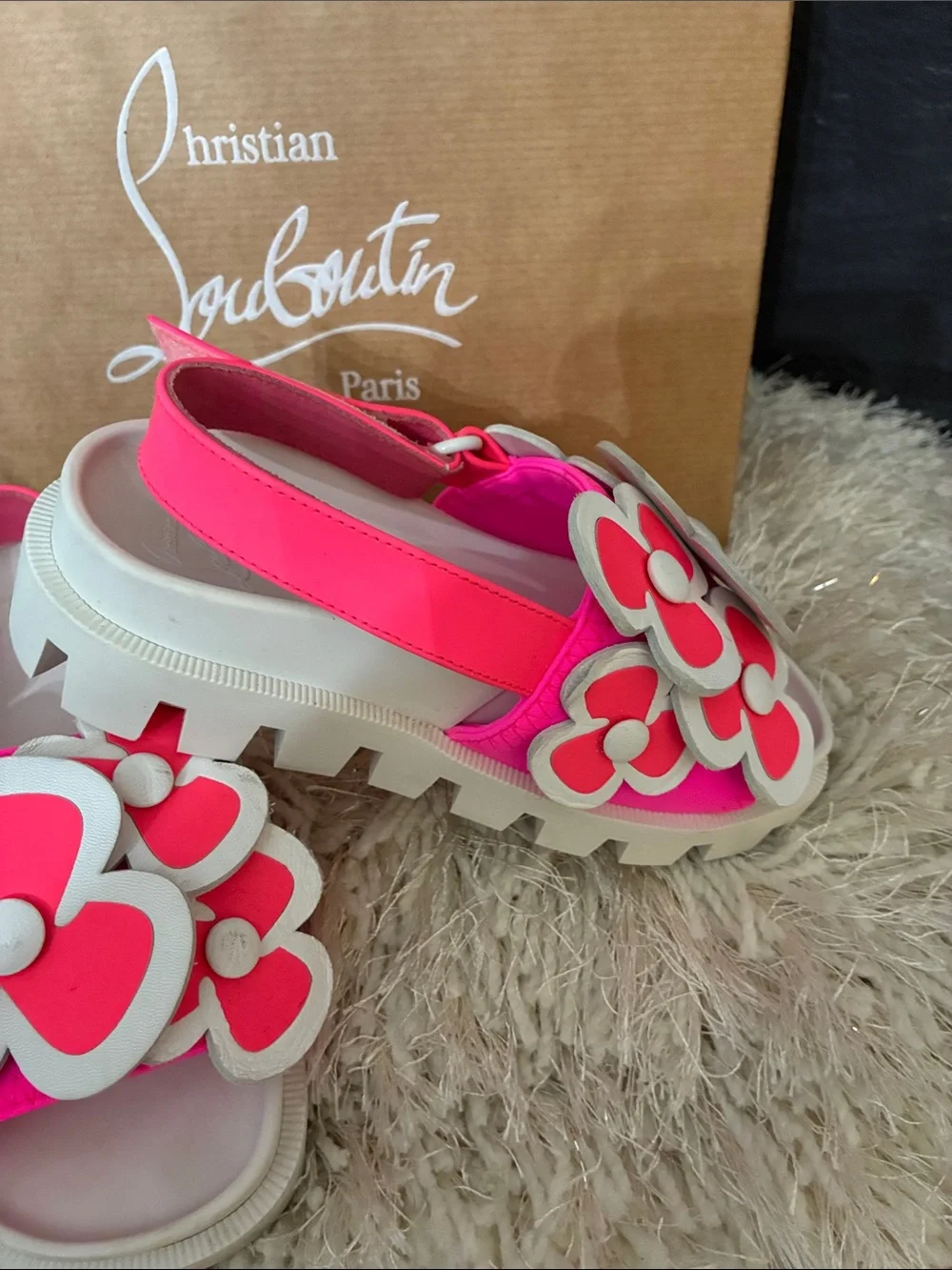 Christian Louboutin Kids Hot Pink and White Floral Sandals